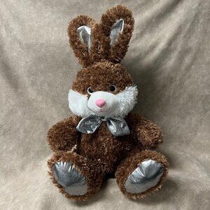 Walgreens Rabbit Plush Brown Bunny Shiny Metallic Silver Glitter Ears, Feet Bow